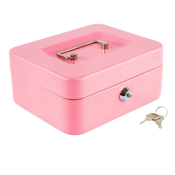 Metal Lock Box with Key, Cash Box with Removable Tray for Money Storage, Home Office Safe, Small Business Use, Durable Security Organizer, Cuxi Passbox Key Pink