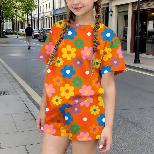 RKSTN Shorts Ensembles Courts pour Filles, T-Shirts à Col Rond à Manches Courtes à Imprimé Floral Coloré, Tenue de Plage Deux Pièces pour Filles (Orange, 7-8 Ans)