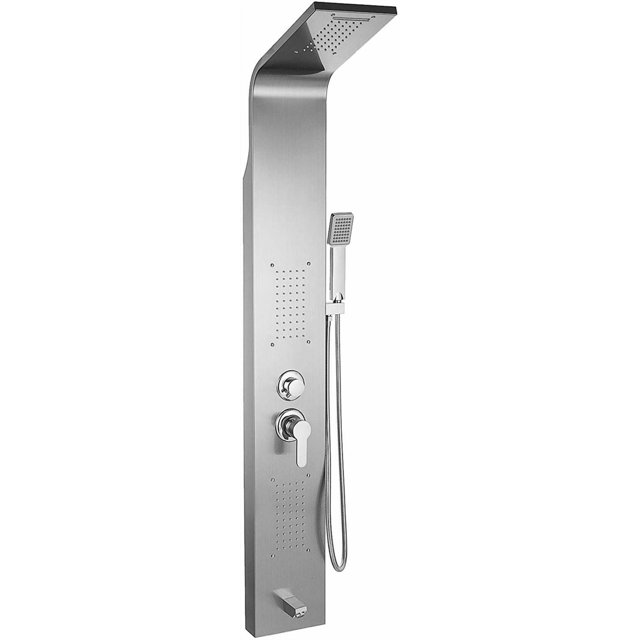 American Imaginations Rectangle Wall Mount CUPC Approved Stainless Steel Shower Panel in stainless steel color featuring a brushed stainless steel rectangular panel with overhead rain shower, multiple body spray jets, dual control knobs, and a handheld shower wand with flexible hose, ideal for modern bathroom renovations.