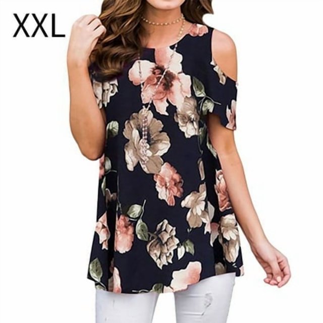 T-shirt pour Femmes à Col Rond, Épaules Dénudées, Haut pour Femmes, T-shirt à Imprimé Floral, Bleu Foncé, TTG