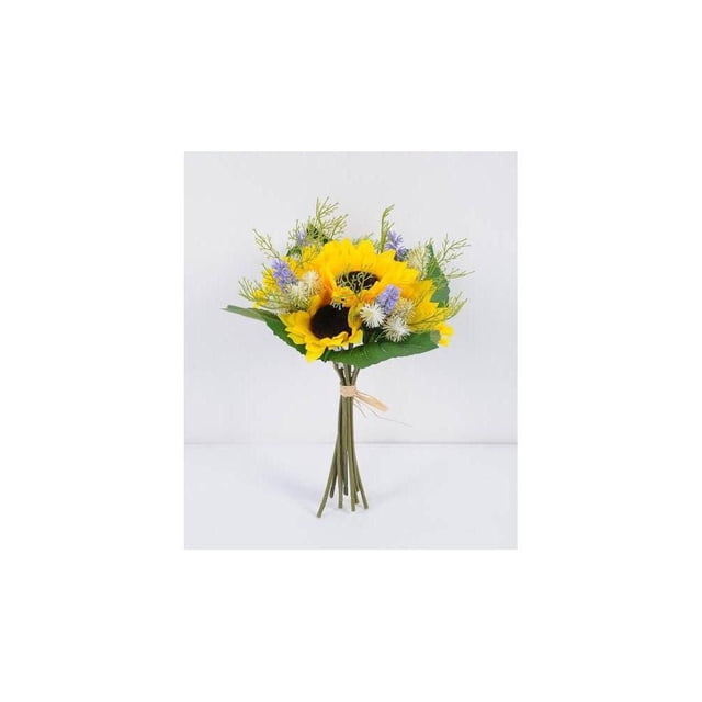Lerman Decor's sunflower bouquet with bright yellow artificial sunflowers, dark centers, small purple and white accent flowers, green leaves, and greenery tied with raffia, ideal for home décor or office display, maintenance-free and easy to clean.