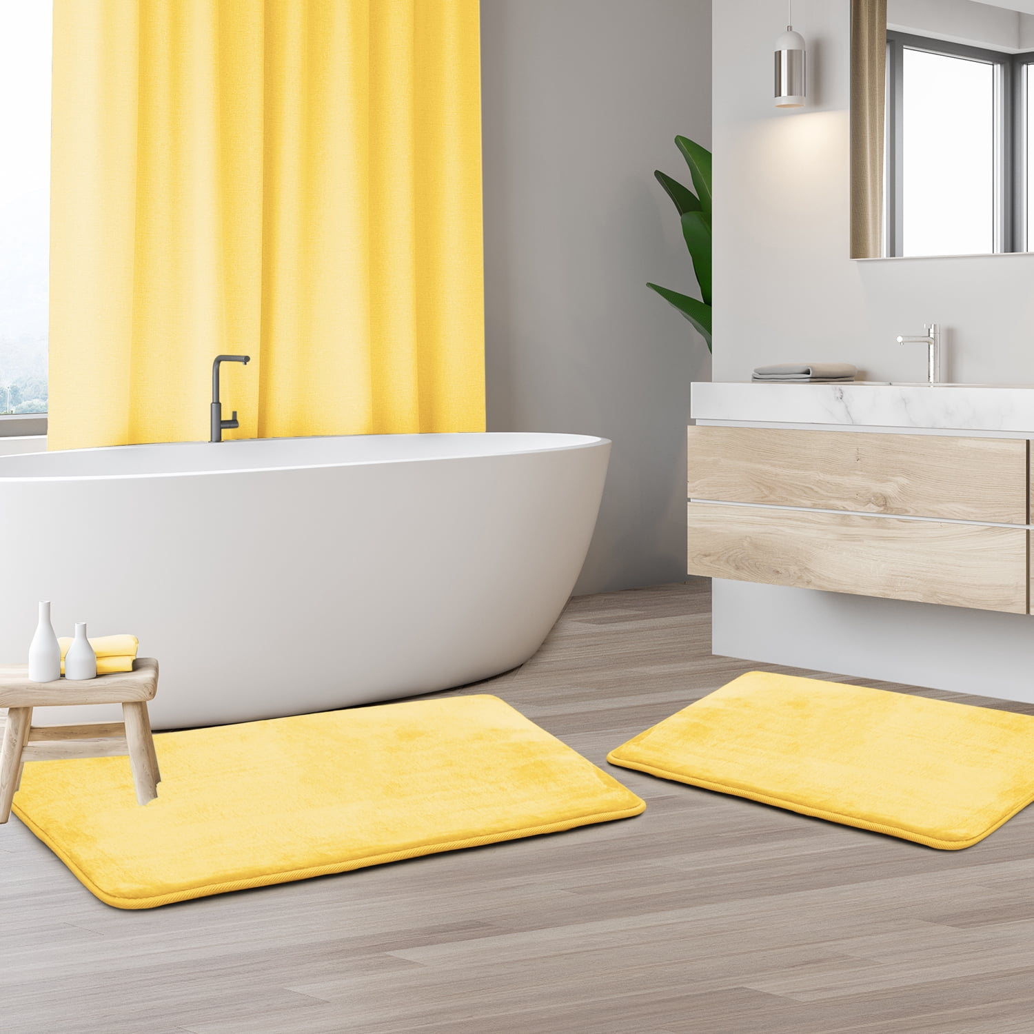 Set of 2 Clara Clark Bath Mat Bathroom Rug - Absorbent Memory Foam Bath Rugs - Non-Slip, Cozy Microfiber Bathrug, Plush Shower, Toilet Bathmats - Mellow Yellow - Large Size 20"x32" Small Size 17”x24”