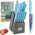 thumbnail image 1 of Hecef 14 Pieces Kitchen Knife Set with Wooden Block, Rainbow Titanium Coated Chef Knives with Sharpener, Scissors, 1 of 10