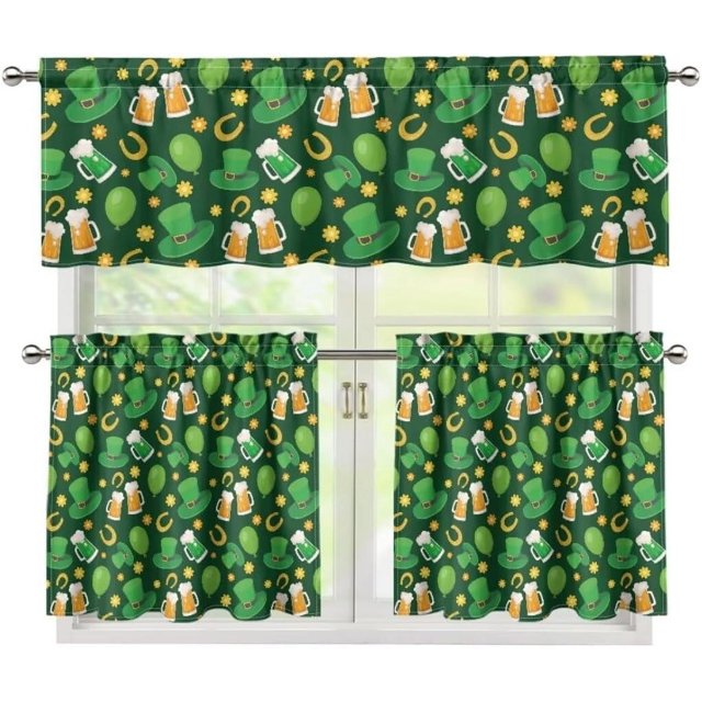 St. Patrick''s Day Kitchen Curtain Sets with Valance Green Hat&Balloon 36 Inch Length Bar Cafe Curtains Window Tiers with Rod Pocket Curtain Valance,Irish Party Home Decor,3 Piece Set
