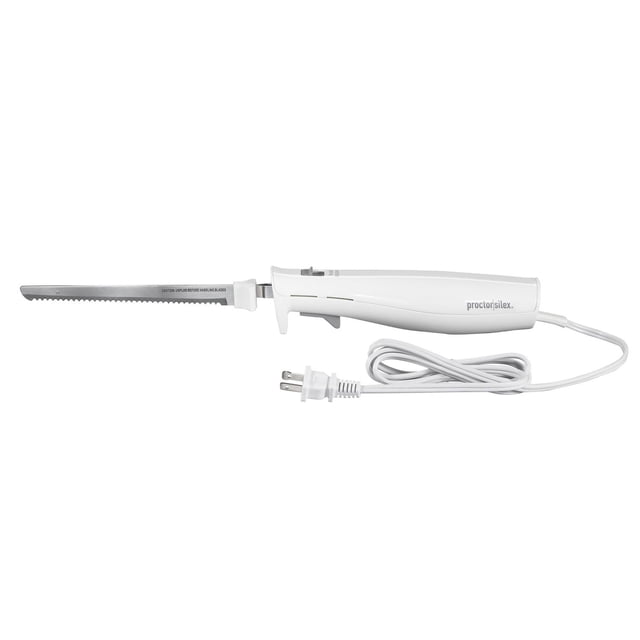Proctor Silex Electric Knife with stainless steel serrated reciprocating blades and ergonomic white handle, featuring a 5-foot power cord with two-prong plug, ideal for slicing meats, bread, and kitchenware cutting tasks.