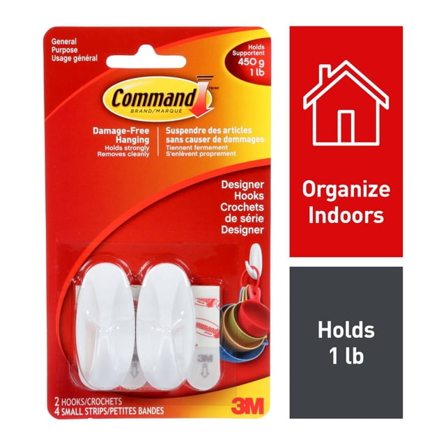 Command™ Crochet de Designer 17082-EF, Petit, Deux Crochets Ovales Blancs Sans Dommages avec Bandes Adhésives en Rouge et Jaune, Emballage de 3 m, Supporte jusqu'à 1 lb, Idéal pour Organiser à l'Intérieur sur des surfaces comme la Peinture, le Bois et le Carrelage Sans Dommages.