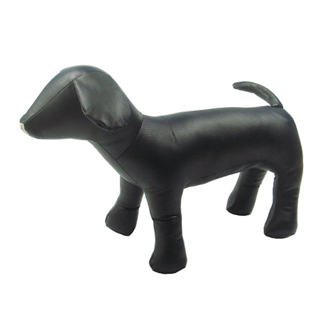 1PC Dog Mannequin Standing Pose Model for shop display apparel clothing. A black PU leather dog mannequin in a standing pose, designed for displaying pet clothing, collars, hats, and more. The mannequin is flexible, allowing for various poses such as sitting or lying down. Suitable for showcasing dog coats, jackets, sweaters, and vests. Dimensions vary by size: small, medium, and large options available.