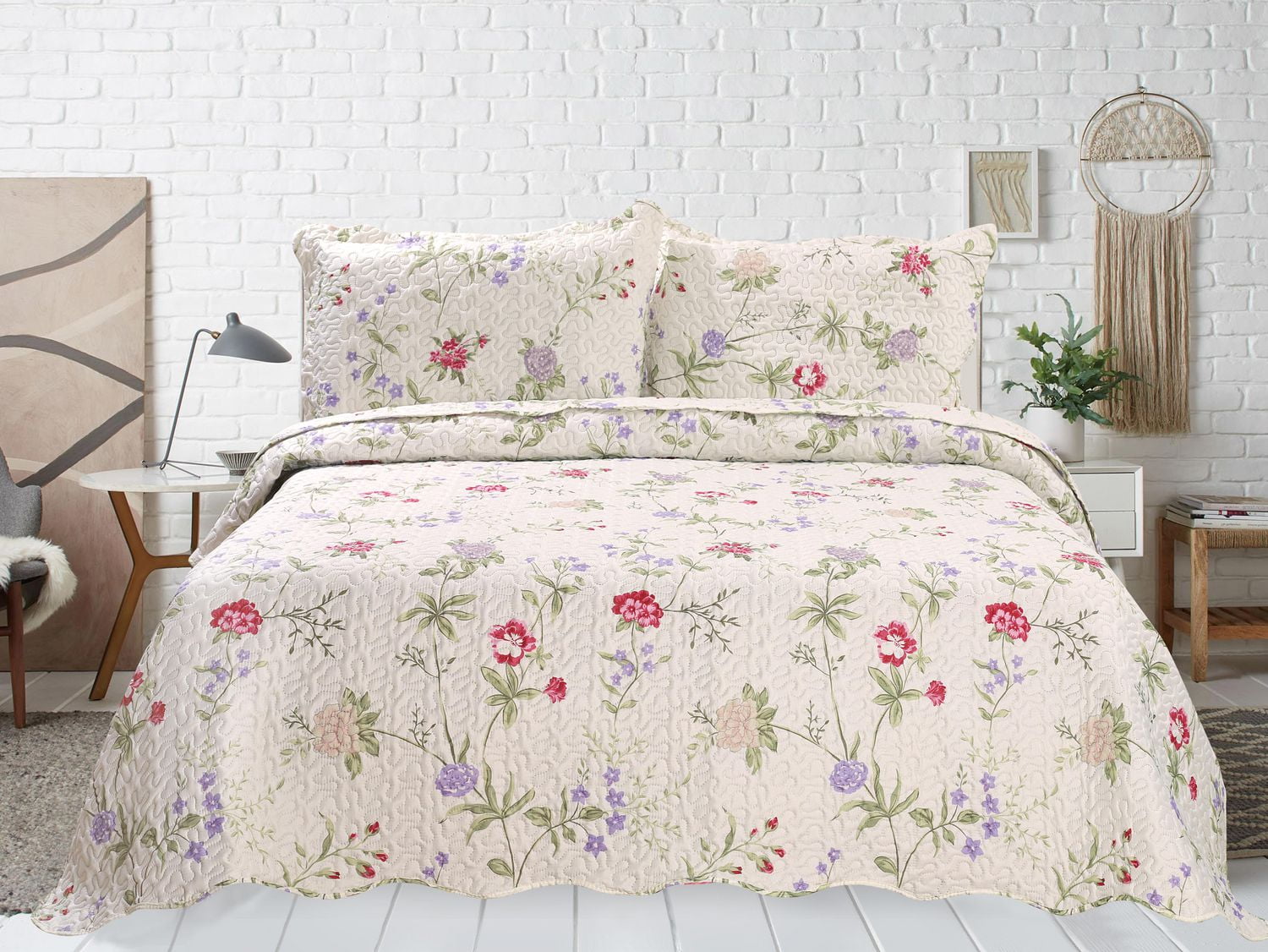 Marina Decoration Couvre-lit Pinsonic imprimé en relief ultra doux avec taies d'oreiller, motif floral clair rose vert rouge violet crème