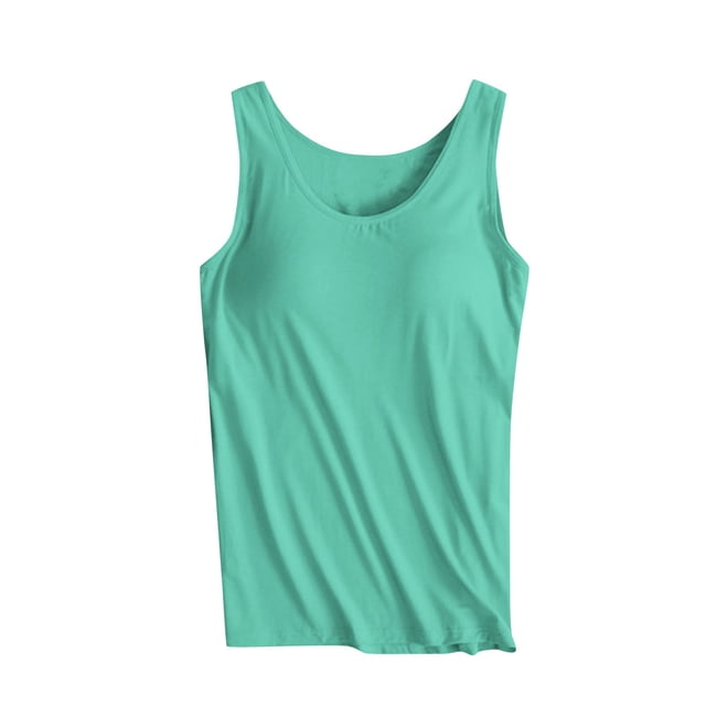 FAIWAD Built-in-Bra Tanks Tops for Womens Sleeveless Round Neck Wide Strap Basic Stretch Crop Tops