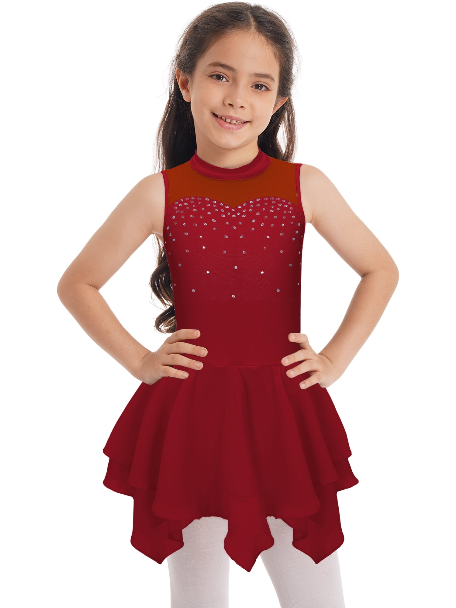 Girls Shiny Rhinestones Sleeveless Figure Ice Skating Dress Ballet Lyrical Modern Dance Performance Burgundy 10