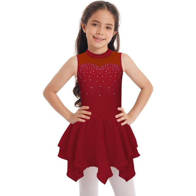 Girls Shiny Rhinestones Sleeveless Figure Ice Skating Dress Ballet Lyrical Modern Dance Performance Burgundy 16