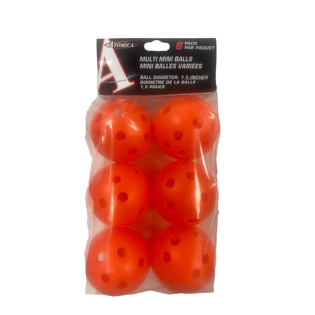 Atomica Multi Pack Orange Plastic Balls with six 1.5-inch diameter orange plastic toy balls featuring multiple holes, designed for indoor and outdoor play, packaged in clear plastic with a black and red header card. These balls simulate real ball flight and are easy to spot during use.