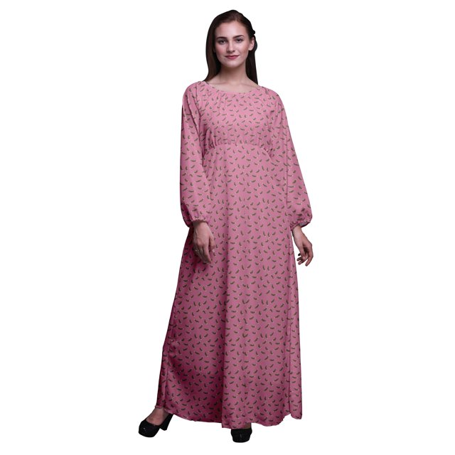 Bimba Robe Maxi à Manches Longues pour Femmes en Georgette Mousse Imprimée de Plumes d'Aigle, Taille Élastique - Très Petit