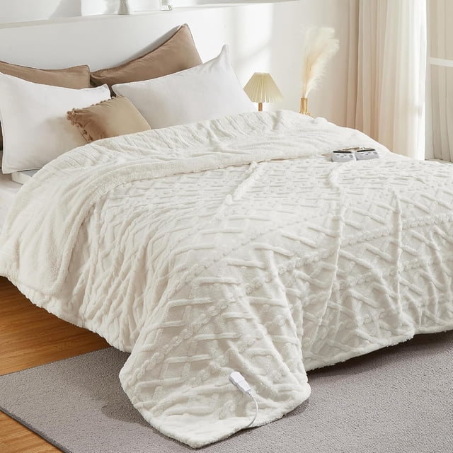 72x84 Heated Throw Blanket with Thick Tufted Cable Pattern,10 Heat Levels&10Timer Settings,Electric Throw with Intelligent Temperature Control,Machine Washable,Fast Heating,White