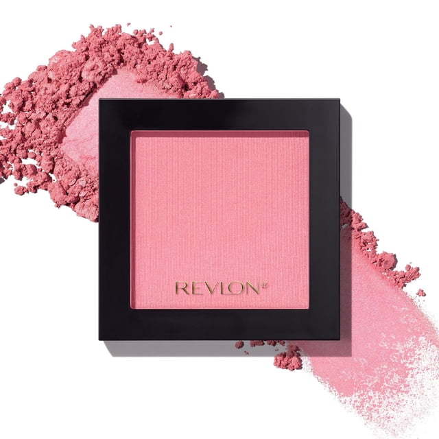 Revlon Powder Blush, Silky, Buildable Colour in a square black compact with pink powder blush, showing microfine, buildable texture and crushed powder around it on a white background, suitable for natural, long-lasting cheek colour and dimension.