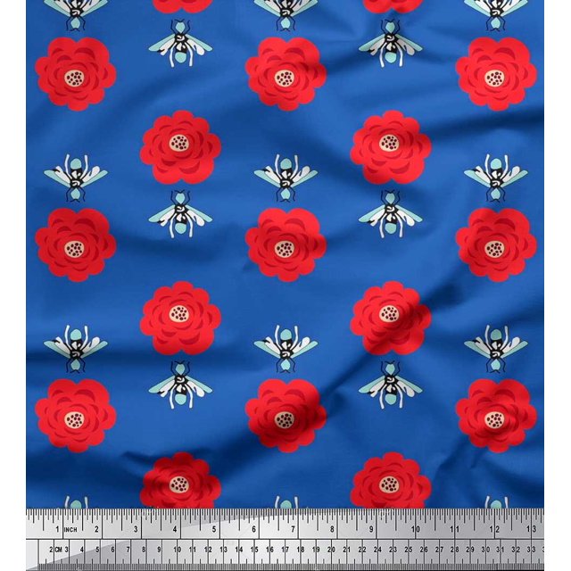 Soimoi Crepe Silk Fabric Floral & Bee Insects Decor Fabric Printed Yard 42 Inch Wide