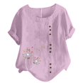 thumbnail image 1 of CHOK Mchoice Chemises pour Femmes 2024 à Manches Courtes Décontractées Hauts Grande Taille Col Rond Imprimé Ample Blouse en Coton et Lin à Boutons, 1 of 5