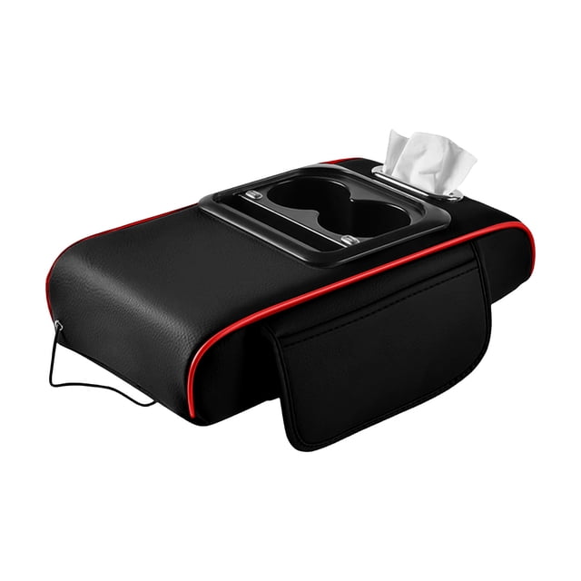 Red Car Armrest Organizer With Usb Charging Ports And Cup Holder For Console Storage Leather Material With High Elasticity Sponge 1Pc 1.10 Pounds