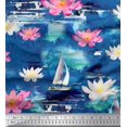 thumbnail image 1 of Soimoi Blue polyester Crepe Fabric Yacht & Lotus Flower Print Sewing Fabric BTY 42 Inch Wide, 1 of 3