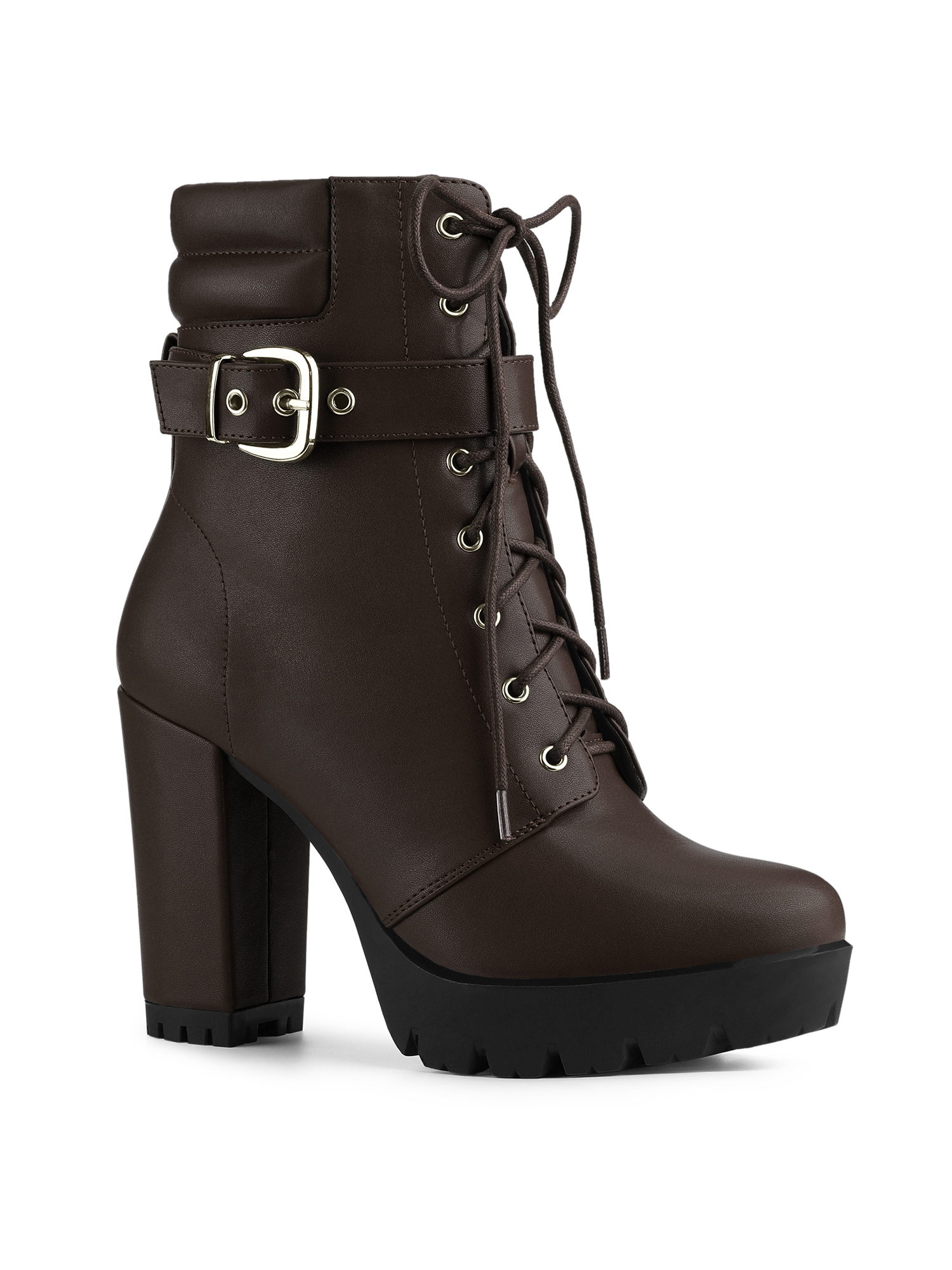 BLISSFUL STEP Women's Platform Buckle Lace Up Block Heel Ankle Boot Coffee (Size 9.5)