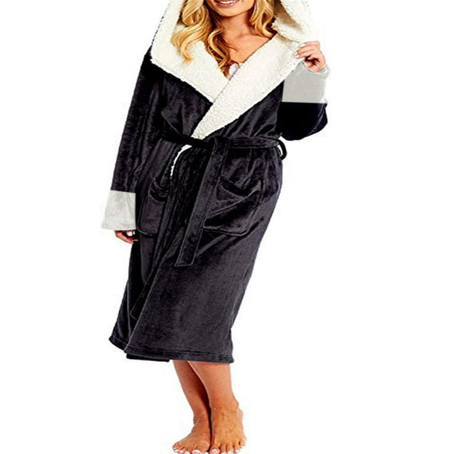 Peignoir Femme en Flanelle Chaud Long Robe Taille Lacée avec Poche pour Automne Hiver