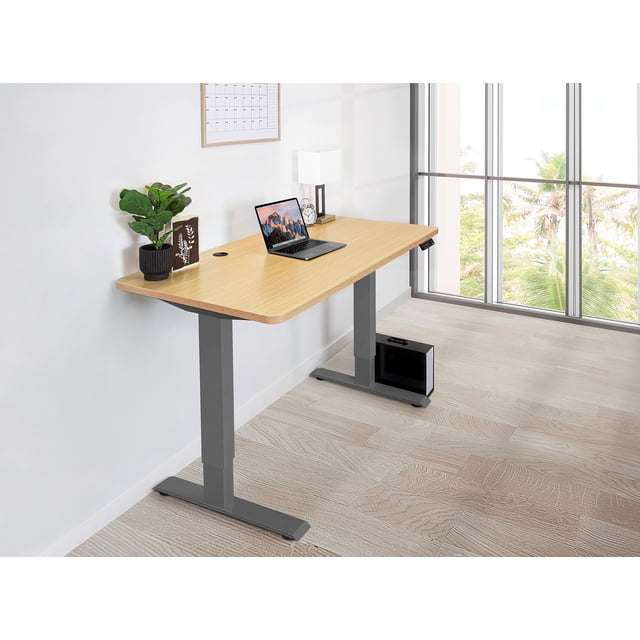 EFFYDESK Home Electric Height Adjustable Home Office Computer Standing Desk - (59"×29") Oak Wood on Gray Frame