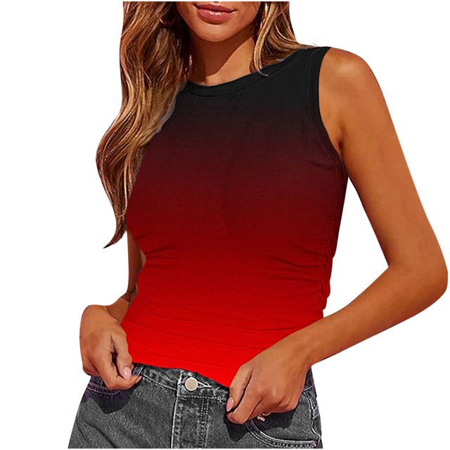 Plebaso Débardeurs Dégradés pour Femmes, Chemises à Col Rond Froncé, Ajustées, Décontractées, T-Shirts Sans Manches d'Été 2025