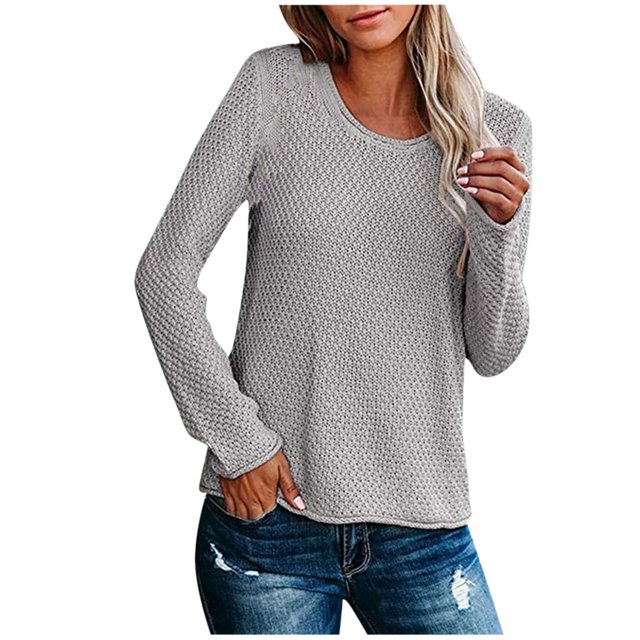 IROINID Women's Round Neckline Pullover Sweater Solid Color Comfy Mid-Length Long Sleeve Knitting Sweater Tops