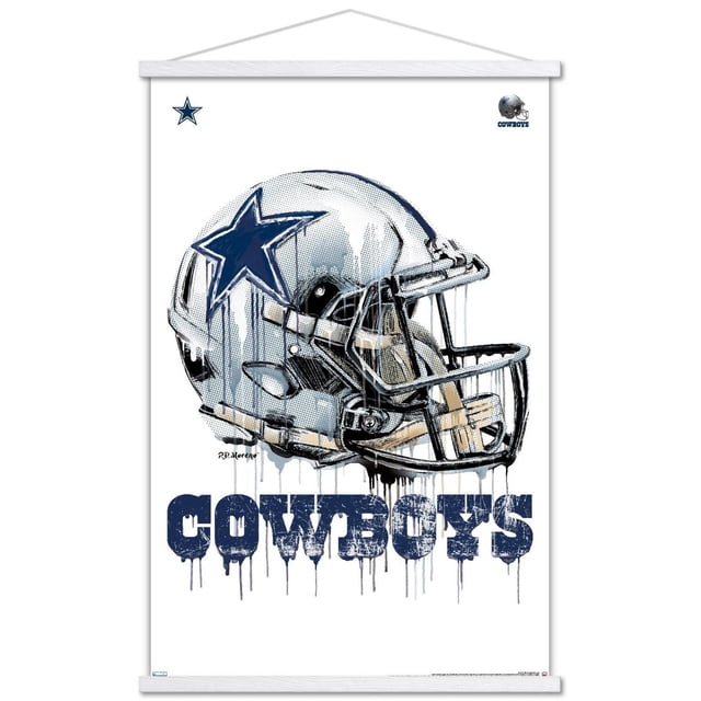 NFL Dallas Cowboys - Affiche Murale « Drip Helmet 20 », 22,375 Po x 34 Po Encadrée Présentant un Casque de football des Dallas Cowboys Argenté Orienté vers l'Avant avec un logo Étoile Bleu Marine et un Masque Facial Noir, Accentué d'Un Effet de Goutte de Peinture. le Mot « Cowboys » Apparaît en Dessous en Grandes Lettres Bleu Marine Usées avec de la Peinture Qui Goutte sur un Fond Blanc. Les Petits logos Étoile et Casque des Dallas Cowboys Se Trouvent dans les Coins