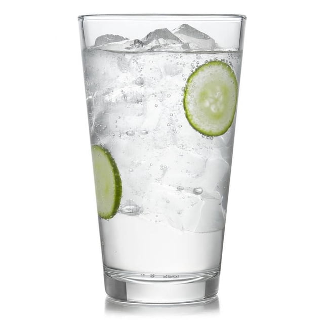 All-Purpose Cooler Glass featuring a clear tapered highball glass with a stable base, filled with ice cubes, sparkling water, and cucumber slices, ideal for everyday drinkware and casual dining use.