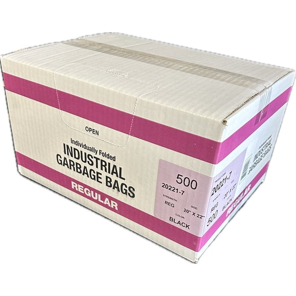 Industrial Garbage Bags, Individually Folded, Regular, 20" W x 22" L, Black , Box of 500