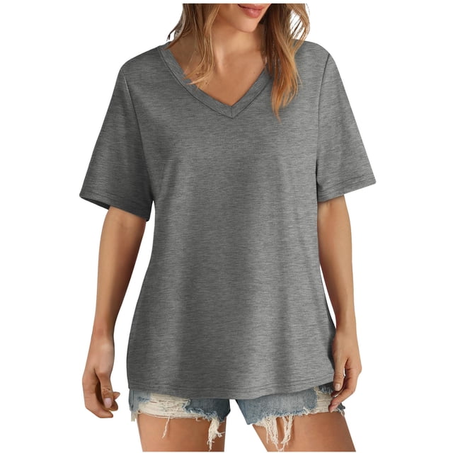 AherBiu Womens Summer Tops Basic V Neck Loose Casual Short Sleeve Solid Color Comfy Daily Tshirts