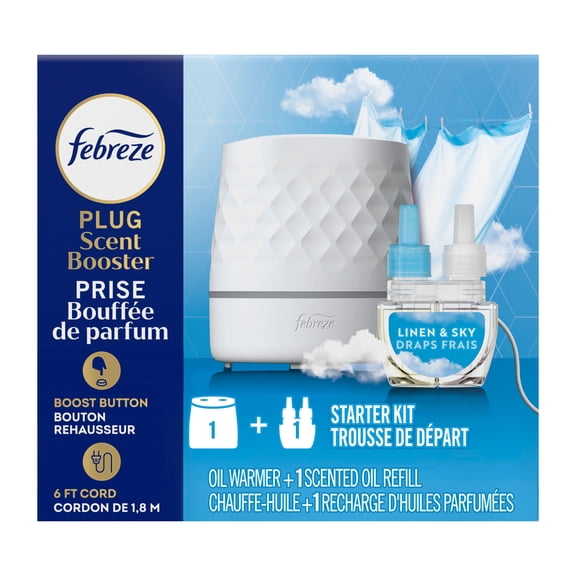 Febreze PLUG Scent Booster Starter Kit, White, Oil Diffuser, Air Freshener Plug In, Continuous Scent Device + Linen & Sky Refill