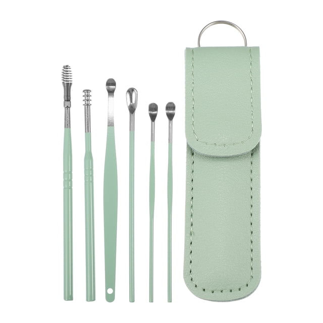 Unique Bargains 6Pcs Stainless Steel Ear Cleansing Tool Set with Faux Leather Packaging Green