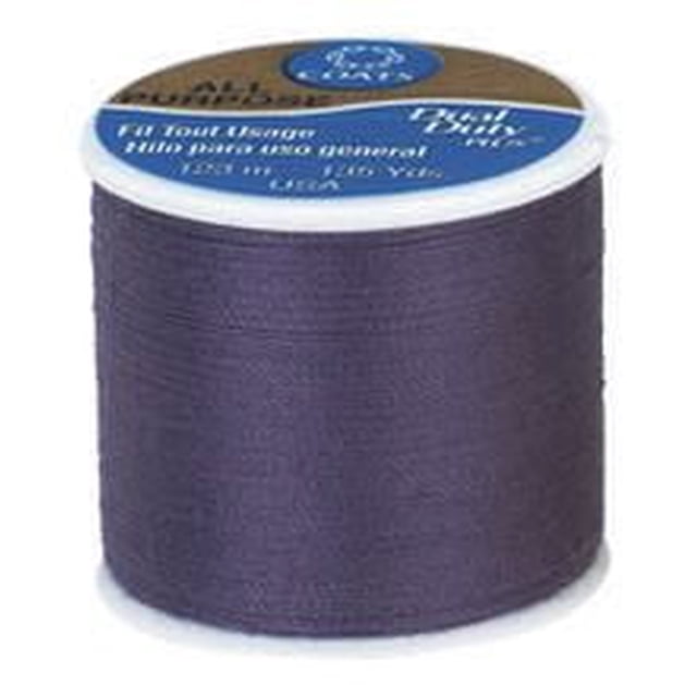 Coats & Clark All Purpose Polyester Thread spool in dark navy blue, 123 metre length, made of 100% polyester covered polyester for strength, suitable for hand and machine sewing on knits and woven fabrics, with a blue and white label on top displaying product information.