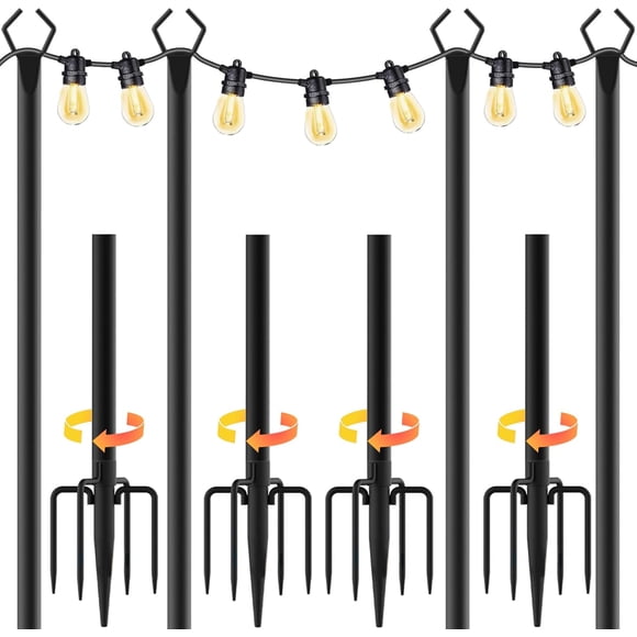 4 Pack 10FT String Light Poles, Metal Lights Hanging Pole for Outside String Lights with Fork, Adjustable Outdoor Lighting Stand for Patio,Backyard,Garden,Deck,Party,Wedding