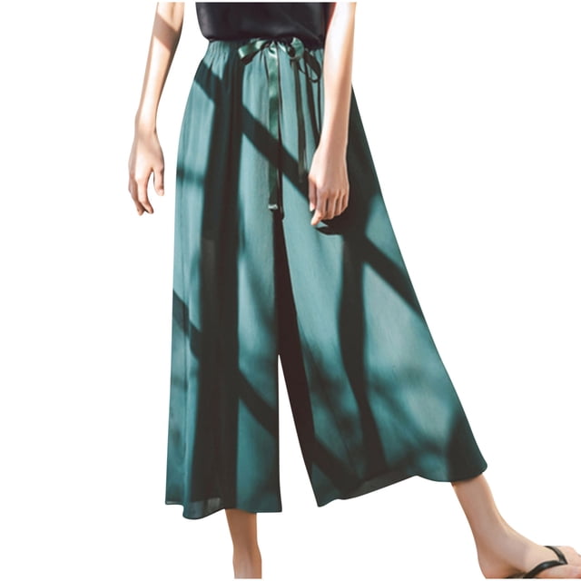 Yuyuzo Boho Pants for Women High Waisted Straight Wide Leg Flowy Cool Slacks Solid Color Lounge Trousers