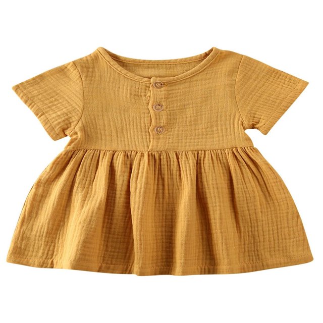 Baby Girl Cotton Linen Solid Color Neck Button Casual Summer Dress