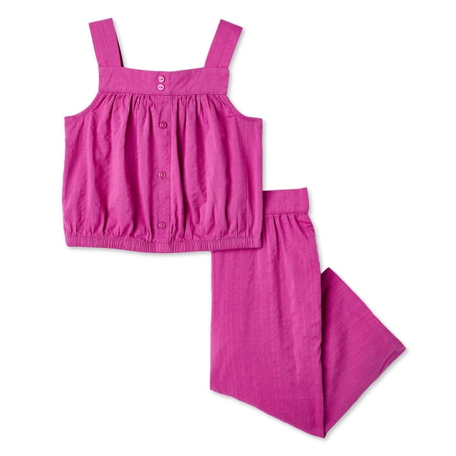 George toddler girls' two piece tank top set in bright pink dobby fabric, featuring a sleeveless tank top with button details and elasticized hem paired with full-length wide-leg pull-on pants for breathable comfort and easy fit, also suitable for mixing with everyday basics.