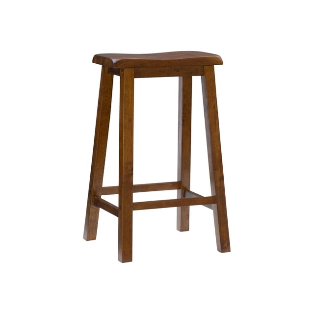 Keogh Barstool, Brown, a sturdy backless solid rubberwood stool with a honey brown finish, featuring a gently curved 29-inch seat and angled legs with braces that act as footrests, designed for bar-height counters and tables 40 to 42 inches high, also suitable as extra seating in kitchens or casual dining spaces.