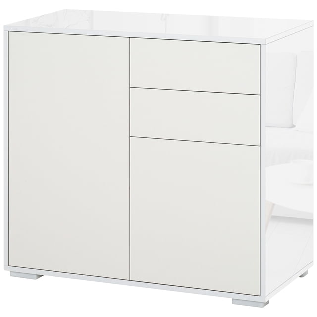 HOMCOM Buffet Bahut à Fini Très Lustré avec Tiroirs Armoire de Rangement de Cuisine en Fini Blanc Très Lustré. Comprend Deux Tiroirs à Pousser-Cliquer, des Armoires à Deux Portes avec Tablettes Ajustables et un Plateau Plat. Fait de Panneau de Particules avec Sangles Anti-Basculement pour la Sécurité et une base Surélevée pour la circulation de l'Air. Dimensions : 31,1 Pouces de long, 14,2 Pouces de Large et 29,1 Pouces de Haut.