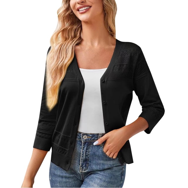 RXIRUCGD Women's Long Sleeved V-neck Solid Color Knitted Cardigan Sweater Jacket, Black, Size: M