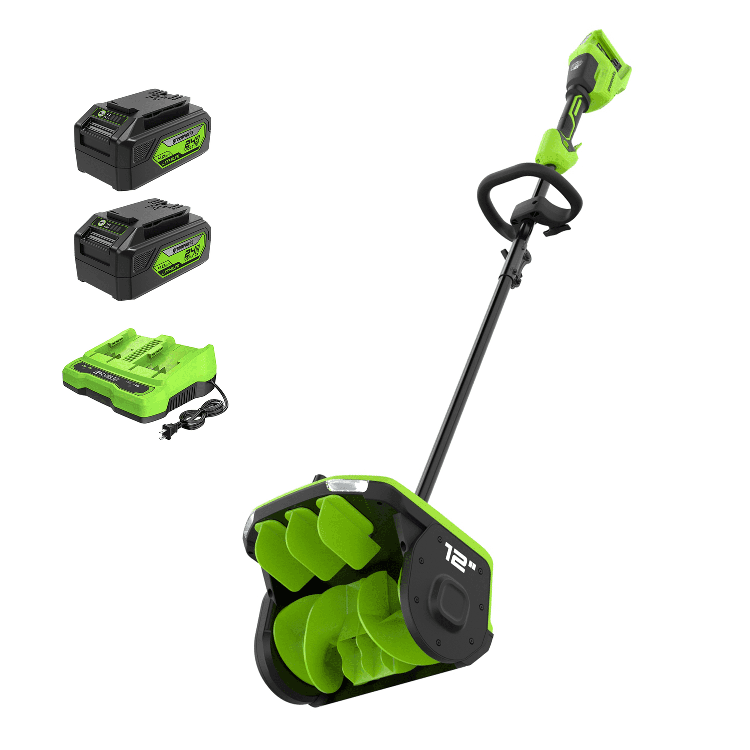 Greenworks (24Vx2) (48V) 12in Brushless Snow Shovel with LED Light, Directional Vane Control, with (2) 4.0Ah Non-USB Batteries & 4A Dual Port Rapid Charger
