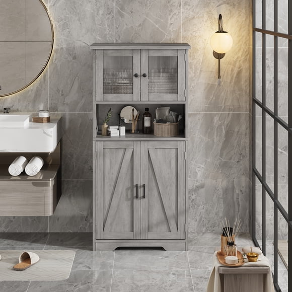 Freestanding Bathroom Cabinet, Kitchen Pantry Cabinet, Floor Storage Cabinet with Glass Doors & Open Shelf, Multipurpose Storage Cabinet with Adjustable Shelves for Bathroom Kitchen Living Room