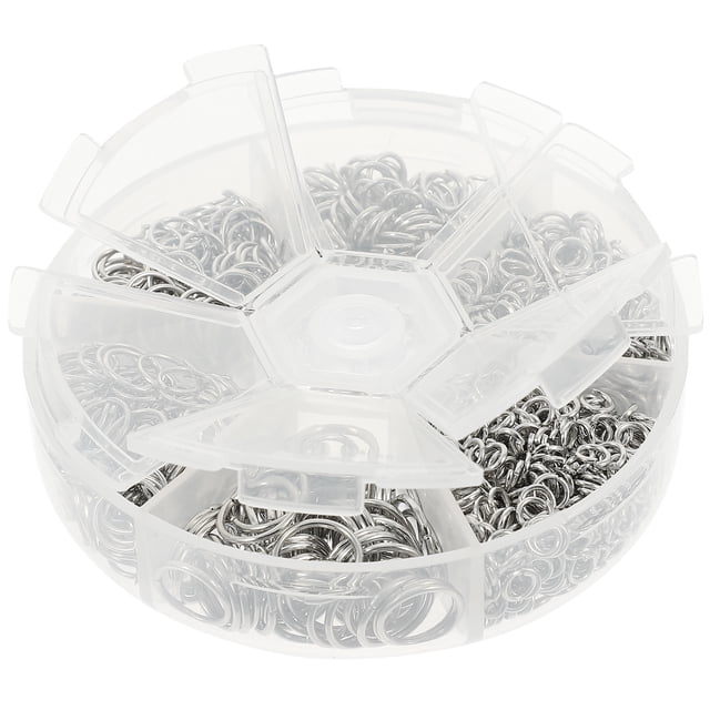 1 Box of Split Rings Metal Open Jump Rings for jewelry making and crafts, featuring silver iron rings stored in a transparent, sectioned plastic container. Ideal for creating key rings, bag chains, bracelets, and other DIY projects.