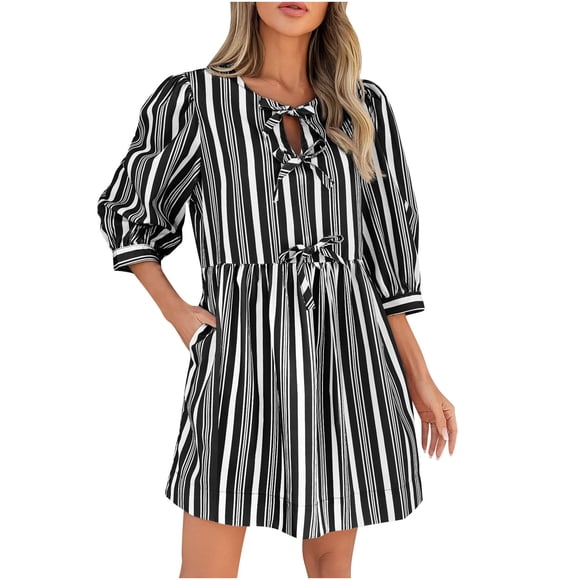 Women's Puff Sleeve Mini Dress, 3/4 Sleeve Summer Casual Cute Sundress, Bow Tie Crewneck Striped Loose Flowy Beach Dresses Mother of the Bride Dresses for Wedding Black M
