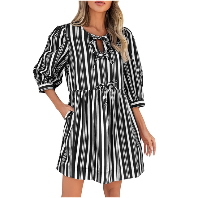 yoeyez Robes d'Été pour Femmes 2025 Maxi Mignon Manches Bouffantes 3/4 Rayé Nœud Papillon Mini Robe Soleil Col Ras du Cou Décontractée Robes Babydoll Ample Fluide Robe de Plage Noir,m