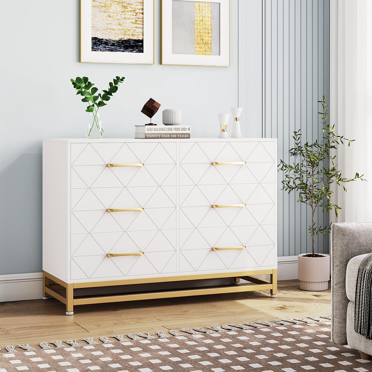 6 Dresser Bedroom with Large Capacity, Chest of Drawers Wooden Dresser with Metal Handle, White Dresser for Bedroom,Living Room,Hallway and Entryway, Large Capacity Clothing Storage Cabinet