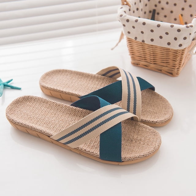 LSLJS Men's Slippers, Men's Fashion Anti-slip Linen Home Indoor Open Toe Flat Shoes Beach Slippers