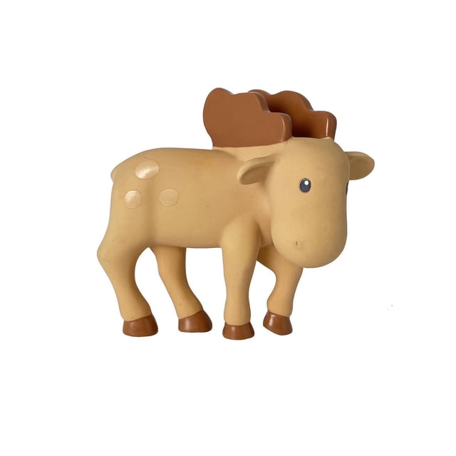 Mason the Moose Natural Rubber Teether in a 3/4 profile showing a beige moose with brown antlers and hooves, made of flexible natural rubber to soothe sore gums during teething, resistant to bacteria, and squeaks when squeezed.